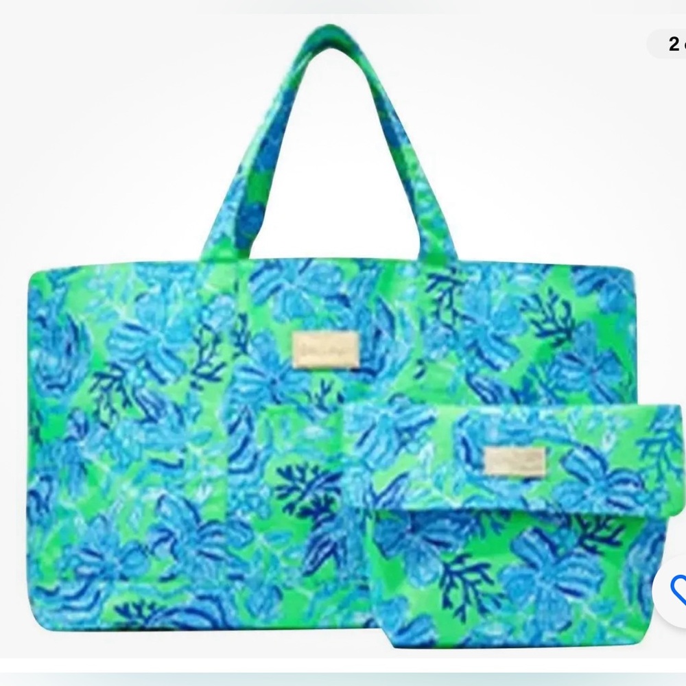 NWT Lilly Pulitzer 2 Piece Pool Tote with Pouch Cabana Green Keepin It Reel